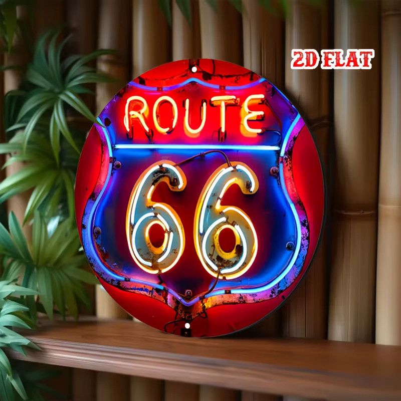 Potdemiel Route 66 Vintage-Leuchtreklame – Runde Aluminium-Wanddekoration im Americana Style, Mehrfarbig, Durchmesser: 20 cm - Bild 3