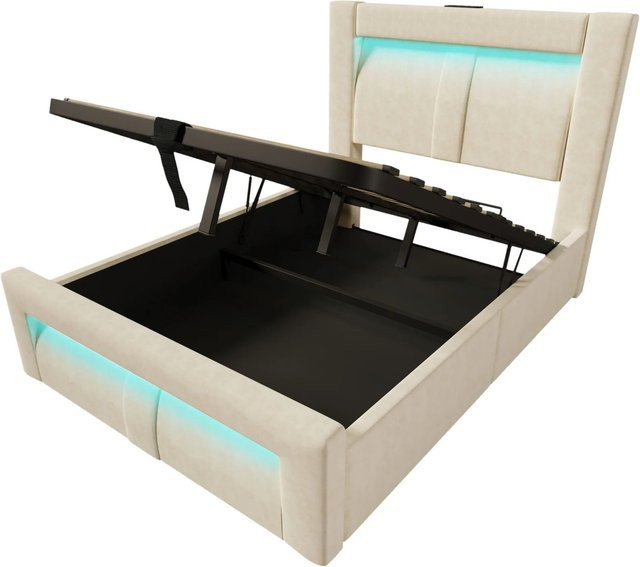 okwish Einzelbett mit Matratze und LED-Beleuchtung in Beige, inkl. USB-Ladeport und Bettablage, B/T/H: 90 x 200 x 45,5 cm - Bild 1