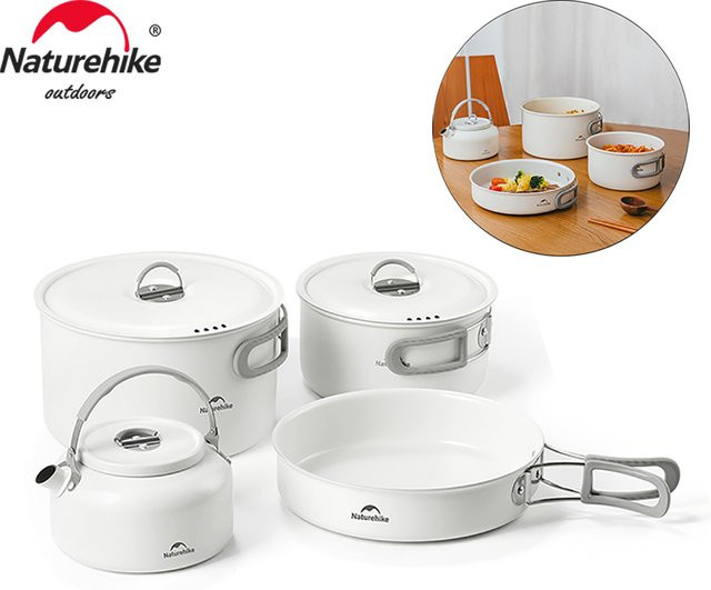Naturehike Camping Kochgeschirr Set aus weißer Keramik mit Antihaftbeschichtung inklusive Bratpfanne und Kessel für Outdoor und Picknick - Bild 1