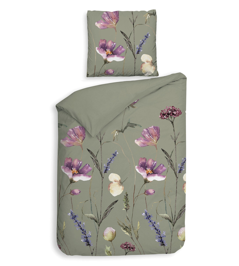 Heckett & Lane Flanell Bettwäsche Vico Green Wiesenblumen aus Baumwolle, Farbe: Grün und Pink, B/H: 135 x 200 cm mit Kissenbezug 80 x 80 cm - Bild 1