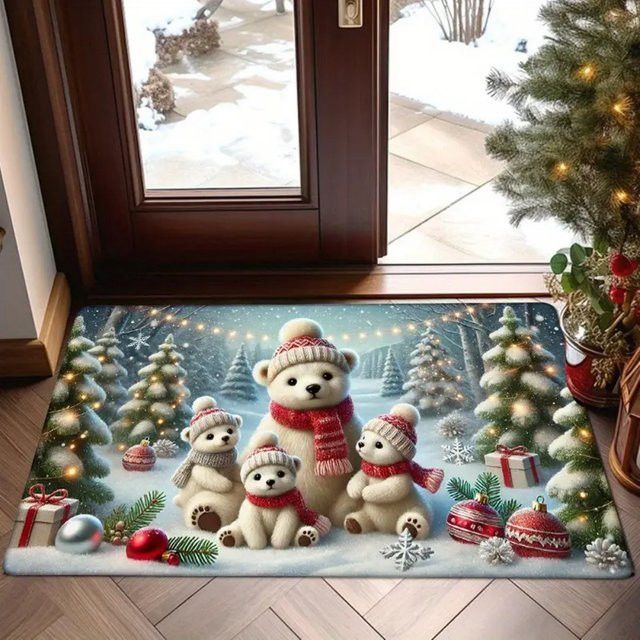 VIKAMA Weihnachts Fußmatte mit Bär Motiv in Weiß für Flur und Eingangsbereich - Bild 1