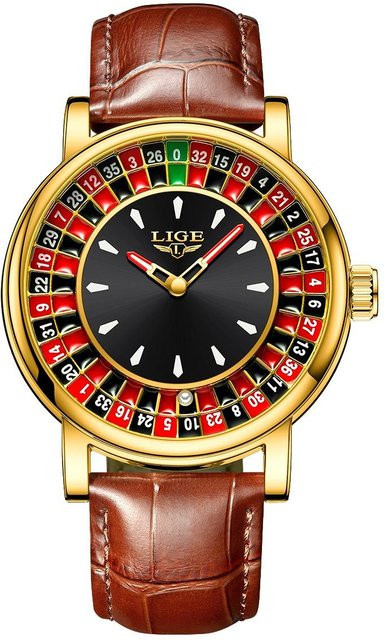 LIGE Armbanduhr Quarz, Gold, Leder, 45 mm, Herren - Bild 1