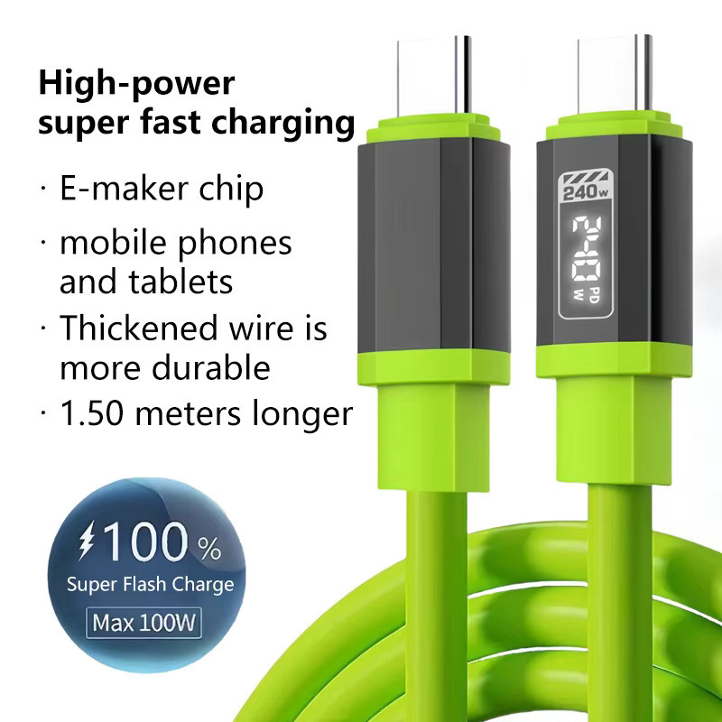 240W 10A USB-C auf USB-C Silikon-Schnellladekabel für Samsung, iPhone und Xiaomi in Grau oder Grün - Bild 3