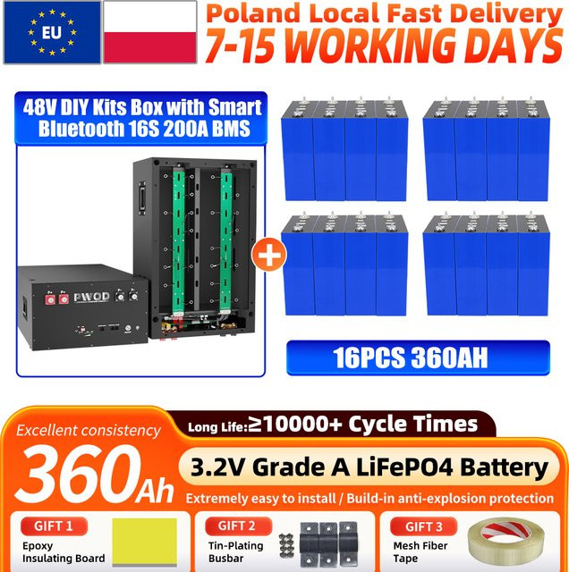 fullfutura LiFePO4 360Ah 3,2V Batteriezelle Güteklasse A mit 16S 200A BMS und 2A Aktiv-Balancing DIY-Kit - Bild 1