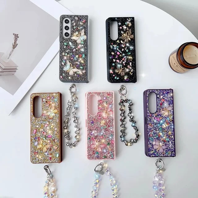 Samsung Schmetterlings Handyhülle mit Diamant-Design und stoßfestem Linsenschutz für Galaxy Z Fold 7, 6, 5, 4, 3 in Multicolour und Grau - Bild 1