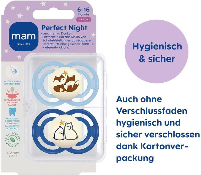 MAM 2er-Pack Schnuller Perfect Night aus Silikon für 16+ Monate, BPA-frei und leuchtend - Bild 1