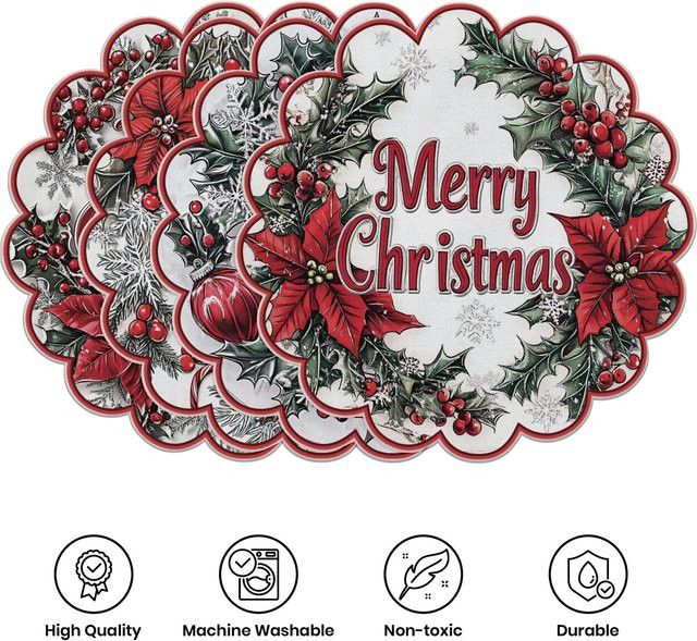 VIKAMA Set aus 4 runden Weihnachts-Stechpalmen-Platzsets für Tischdekoration und Bankette - Bild 1