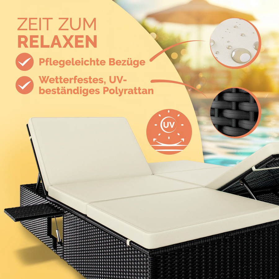 CASARIA Polyrattan Sonnenliege Schwarz/Beige B/T/H: 220 x 160 x 33 cm - Bild 2