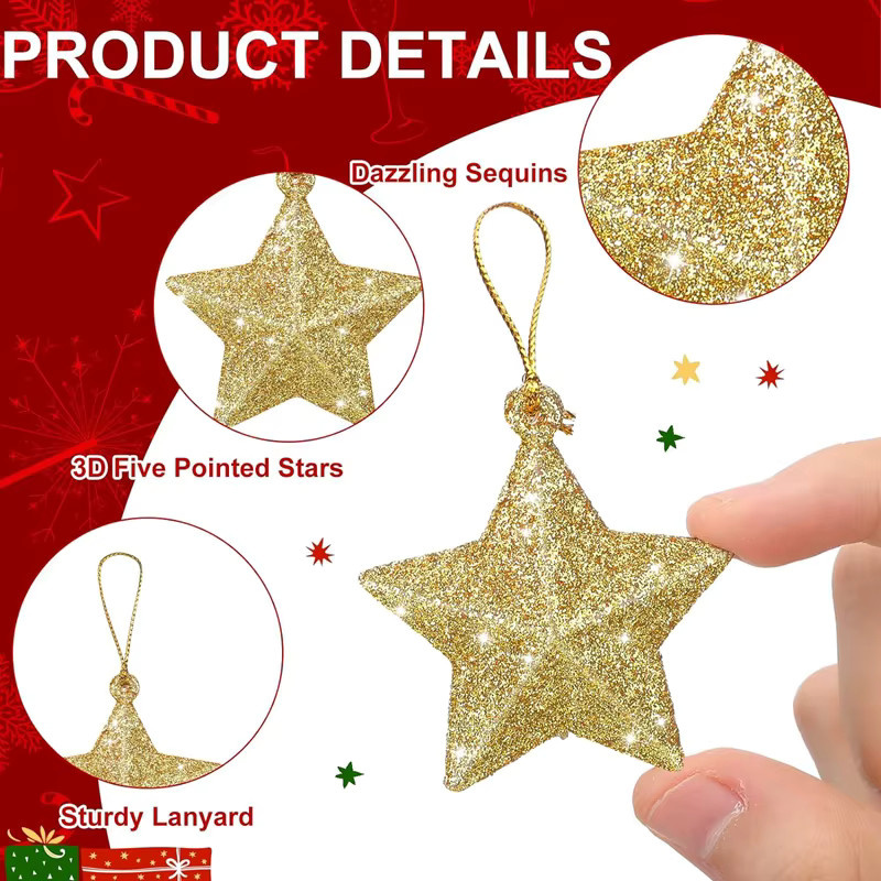 ZQNYCY Gold Glitzer Stern Ornamente als Weihnachtsbaum Hängeanhänger für Weihnachten, Silvester und Party, 12 Stück - Bild 1