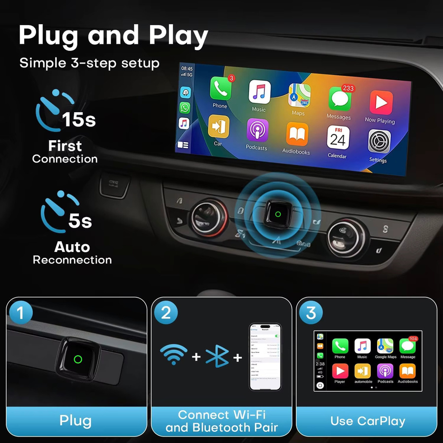 Wooboobox 2-in-1 Kabelloser CarPlay und Android Auto Adapter mit Aluminiumgehäuse in Schwarz, 5GHz USB Plug & Play Dongle für iPhone und Android - Bild 6