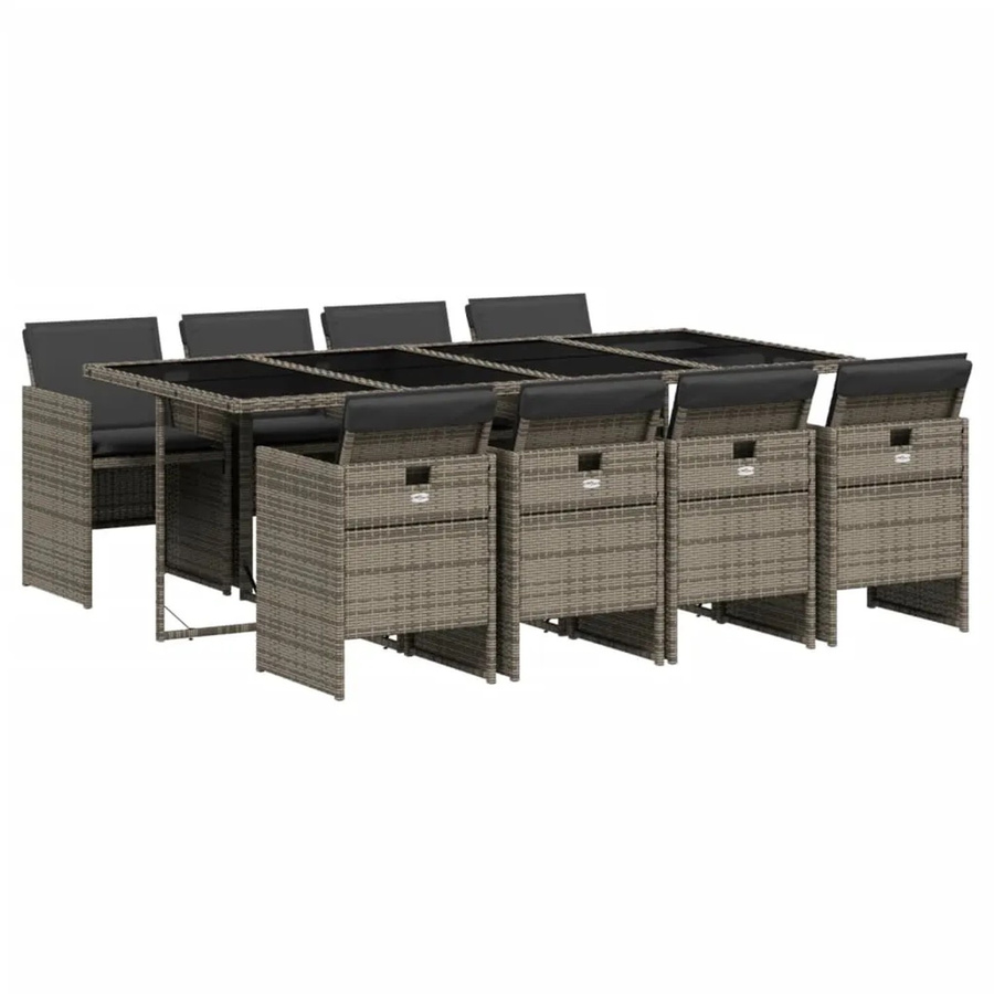 vidaXL 9-teilige Garten-Essgruppe aus Poly-Rattan in Grau mit Kissen und Hartglas-Tischplatte - Bild 2