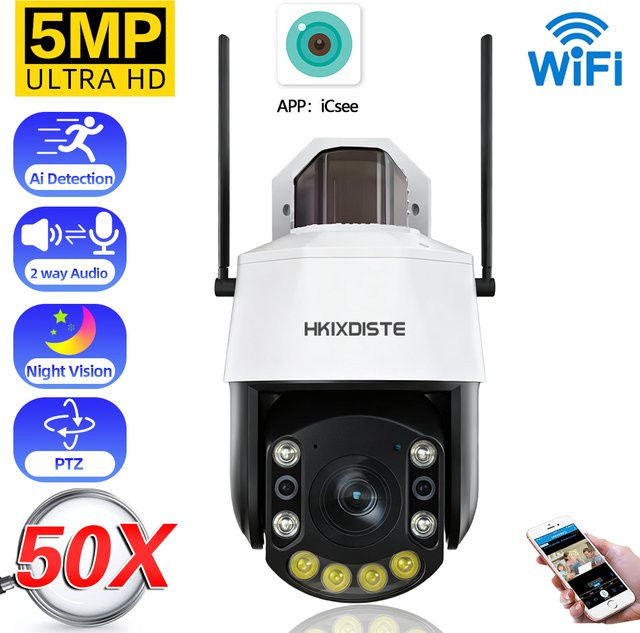 HKIXDISTE PTZ Sicherheit Kamera mit 5MP Auflösung, 50x optischem Zoom, Wifi, Wasserdicht, Nachtsicht und Menschlicher Erkennung, Farbe: Weiß - Bild 1