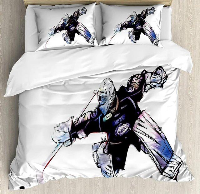 Eishockey Bettwäsche Set mit handgezeichnetem Torwart-Motiv in Weiß, bestehend aus Bettbezug und Kissenbezug, B/H: 180 x 210 cm - Bild 1