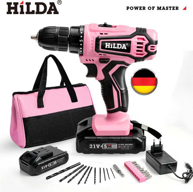 HILDA Akku-Bohrschrauber in Pink mit 21V und wiederaufladbarem Akku inklusive Werkzeugtasche - Bild 1