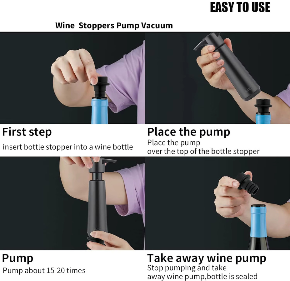 Weinsparpumpe mit 4 Vakuumstopfen in Schwarz aus Kunststoff zur Aufbewahrung von Wein - Bild 3