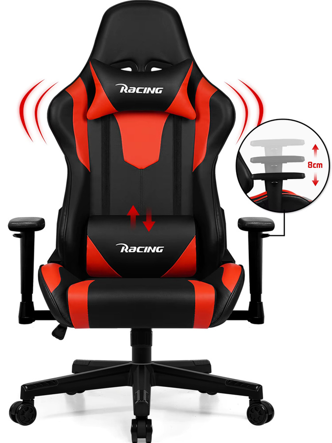 Adormii Gaming-Stuhl in Rot-Schwarz mit verstellbarem Lendenkissen, Kopfstütze und Armlehnen, ergonomischer gepolsterter Gamer-Stuhl aus Kunstleder mit 150 kg Tragfähigkeit - Bild 4