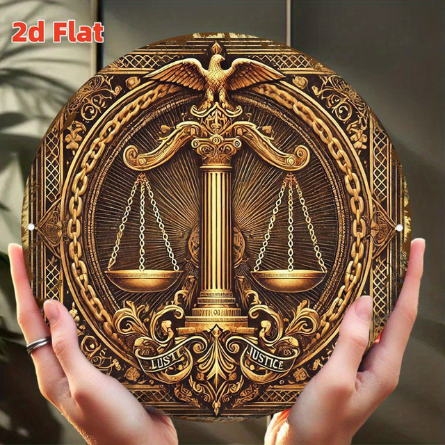 HELLOYOUNG Lady Justice Aluminiumschild, runde Wandkunst in Gold mit Waagen der Gerechtigkeit, Durchmesser: 20 cm - Bild 1