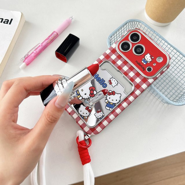 Sanrio Hello Kitty Handyhülle aus weichem Leder mit Gitter-Kartenhalter und Trageband für iPhone 17 16 15 14 13 Pro Max - Bild 1
