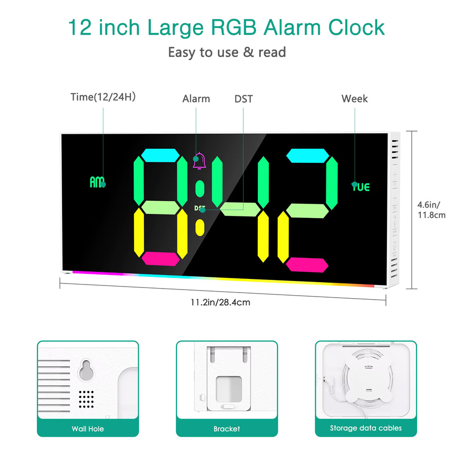 ORIA Digitale RGB Wanduhr mit großem Display und Fernbedienung, Multicolor, Breite: 30,5 cm - Bild 2