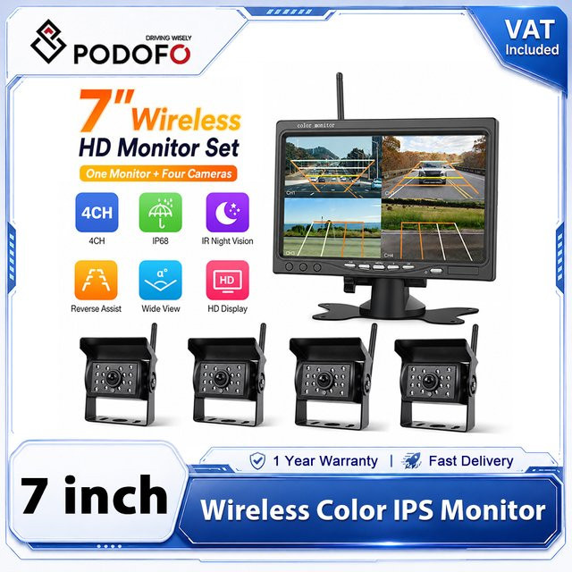 Podofo Drahtloses Rückfahrkamera-System mit 7 Zoll Full HD Monitor, 4-Kanal-Split-Screen, IP68 Wasserdicht, Digitalsignal für LKW, Wohnmobil und Anhänger, Schwarz, 12V-36V - Bild 1