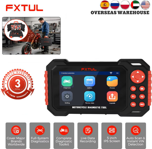 FXTUL M7 Motorrad-Diagnosescanner OBD2 mit 5 Zoll IPS-Bildschirm in Schwarz für BMW und Ducati mit VIN-Erkennung und ABS-Motordatenaufzeichnung - Bild 1