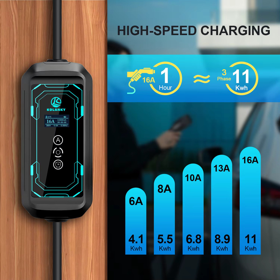 Kolanky Tragbares EV-Ladegerät Typ 2 in Schwarz, 16 A, 11 kW, mit Timer und einstellbarem Strom für Elektrofahrzeuge und PHEV-Hybrid-Autos, 5 m Kabellänge - Bild 3