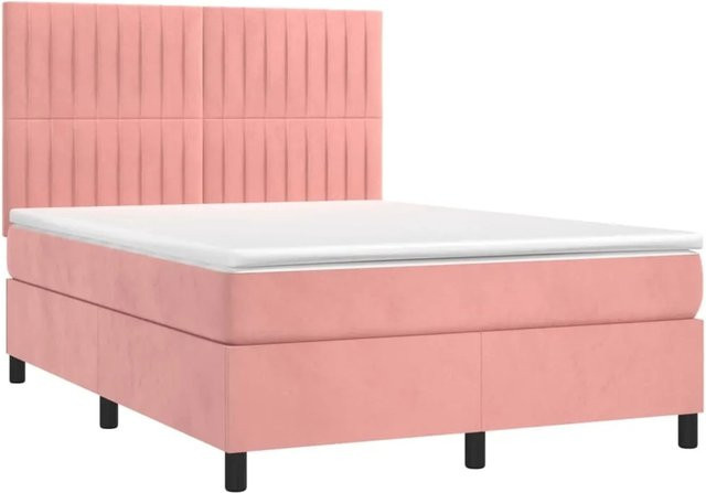 vidaXL Boxspringbett mit Matratze in Rosa, Hybridbett mit LED-Unterbettbeleuchtung und USB-Ladeport, Samt, B/T: 140 x 190 cm - Bild 1
