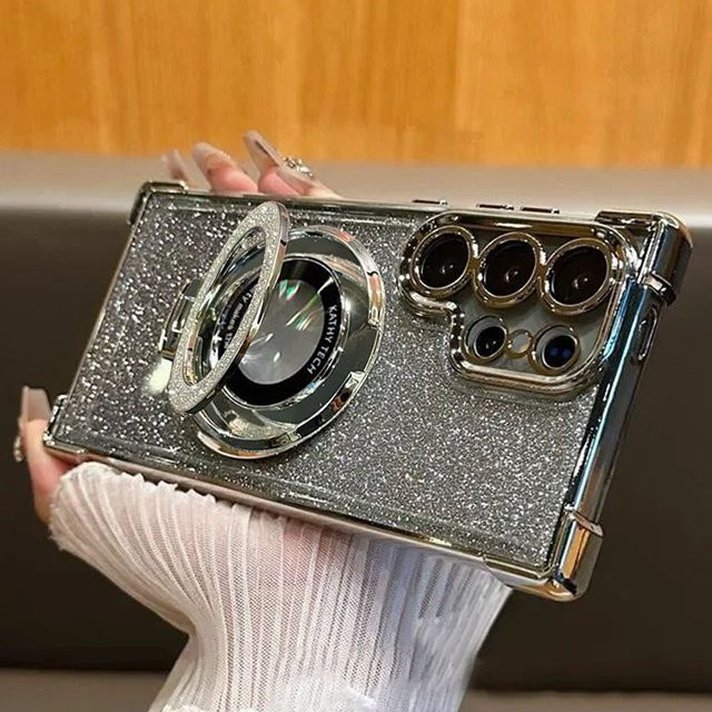 Stoßfeste Glitzerhülle mit magnetischer Beschichtung und Ständer für Samsung Galaxy S25 Edge S24 Ultra S23 S22 Plus S21 S20 FE in Transparent, Grün oder Silber - Bild 1