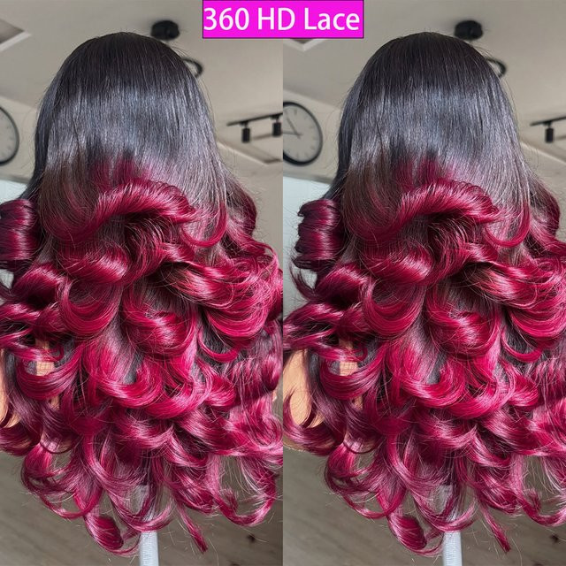 Remeluxe Körperwellen-Echthaar-Perücke, 36 Zoll, 13 x 6 HD Spitze, 400 Dichte, 1B/99j Ombre, Damen - Bild 1