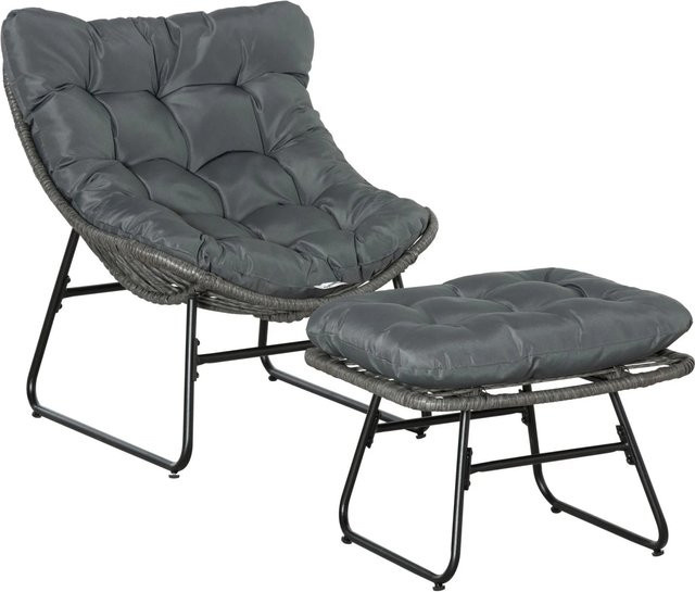 Furnicato Rattan Relaxsessel mit Fußhocker in Grau mit Polsterung und Metallgestell - Bild 1