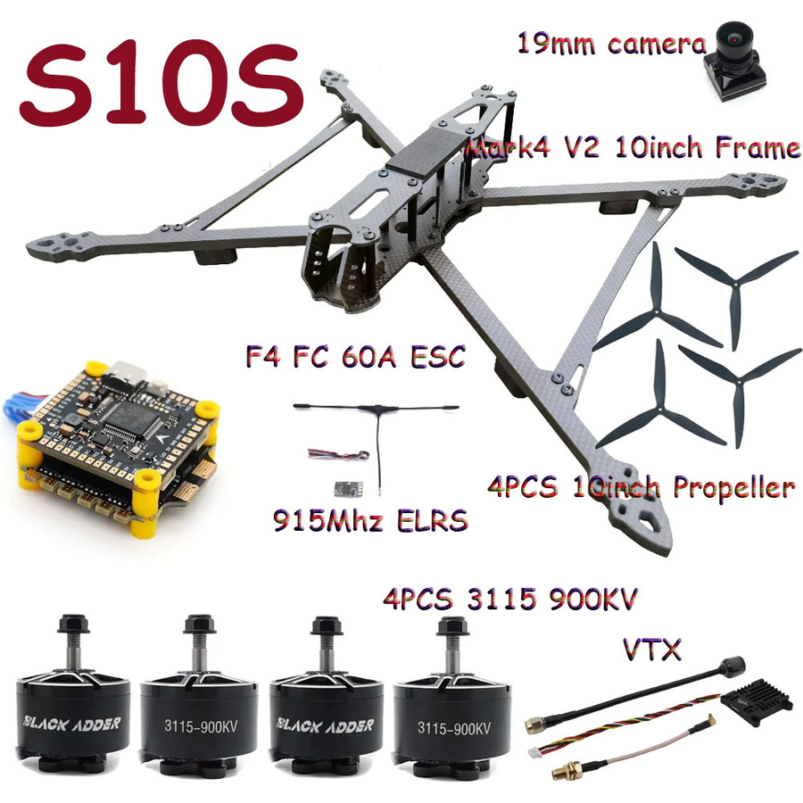 YSIDO Mark4 V2 10 Zoll Rahmen Combo Set mit 3115 900KV Bürstenlosem Motor, F4 FC, 60A 4-in-1 ESC, Propeller und ELRS für RC FPV Quadcopter in Schwarz - Bild 2