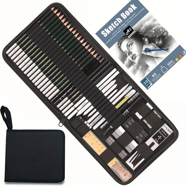 54er-Pack Skizzen- und Zeichenstifte-Set für Profis mit Graphitstiften, Kohlestiften und Skizzenbuch in Schwarz - Bild 1