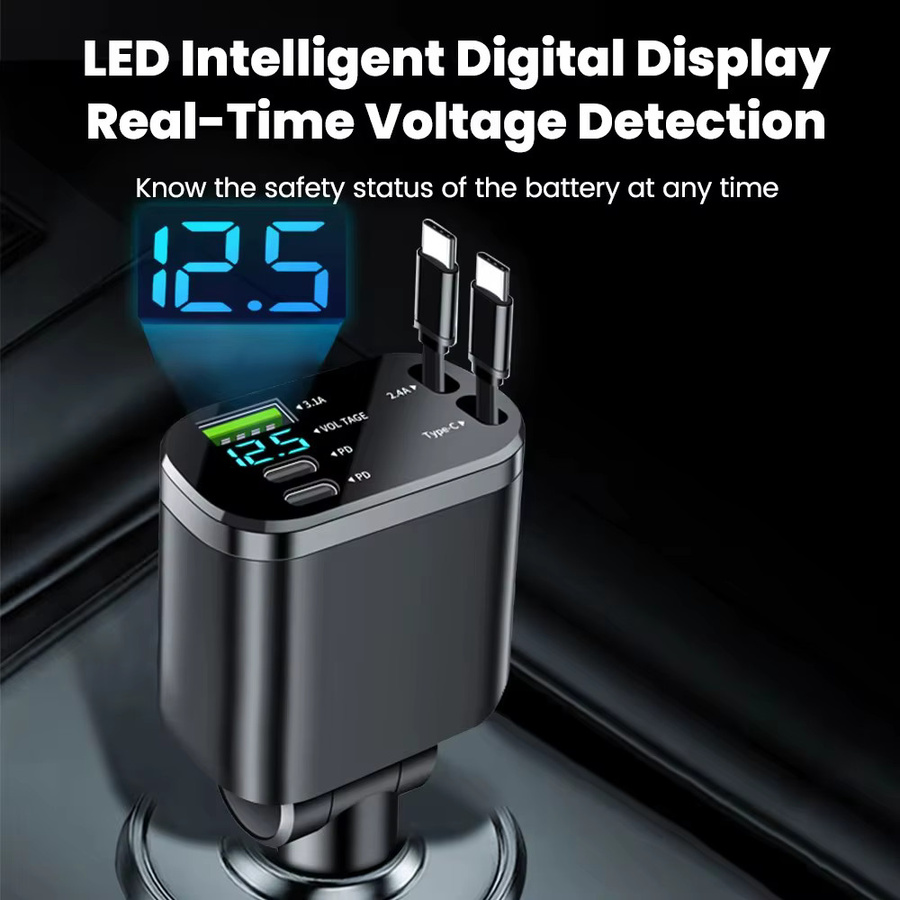 Kebidumei 5-in-1 Einziehbares Autoladegerät mit USB-C, PD und QC3.0 Fast Charge Zigarettenanzünder-Adapter für iPhone, Huawei und Samsung in Schwarz - Bild 2