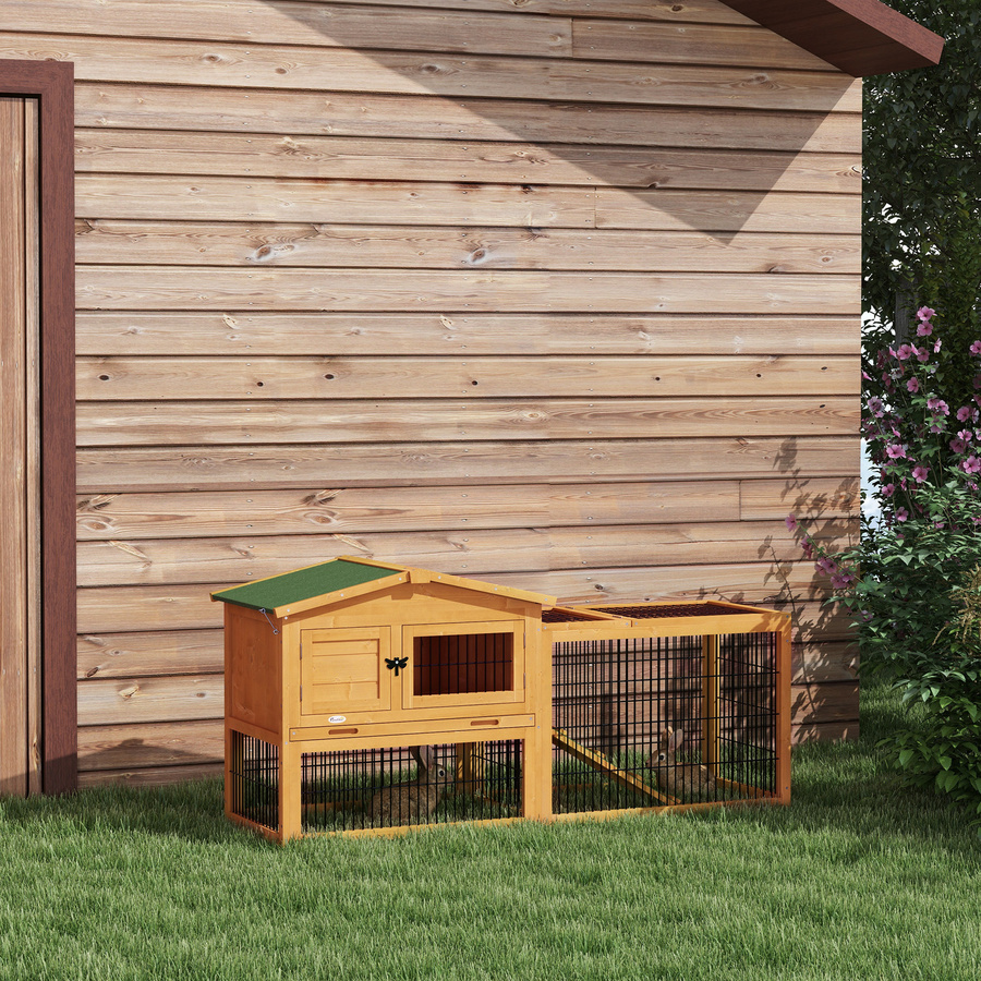 PawHut Kaninchenstall aus Tannenholz in Gelb mit 2 Ebenen, wetterfestem Doppelstockhaus und Freilaufgehege für Hasen, Kaninchen und Meerschweinchen, B/T/H: 150 x 52 x 68 cm, Aosom - Bild 2