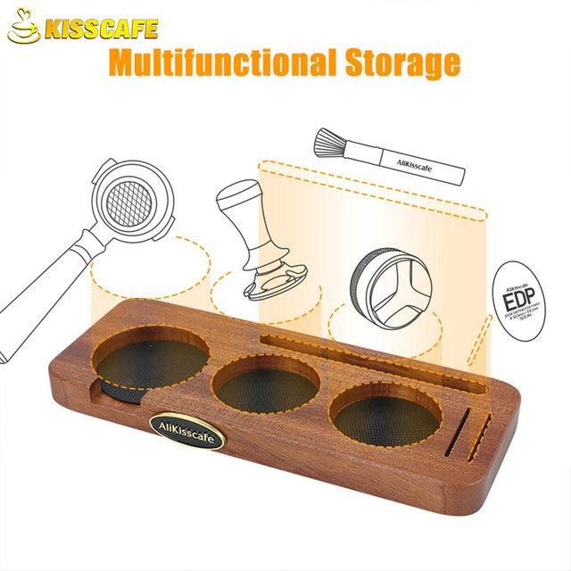 ALIKISSCAFE Kaffeetopf-Station Mattenständer mit Walnuss- und Buchenholz-Basis für 51mm, 54mm und 58mm Espresso Siebträger, Braun - Bild 1