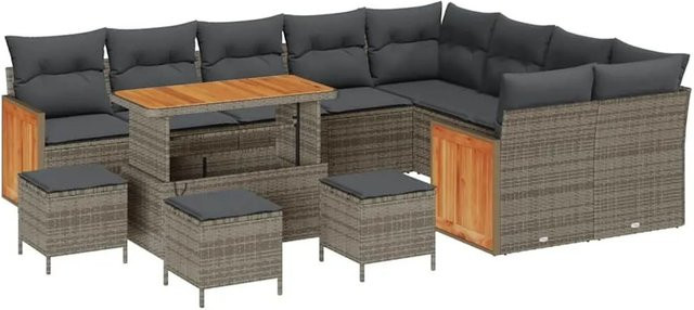 vidaXL Gartensofa-Set aus Poly-Rattan und Akazie in Grau mit 14-teiligem Kissen-Set - Bild 1