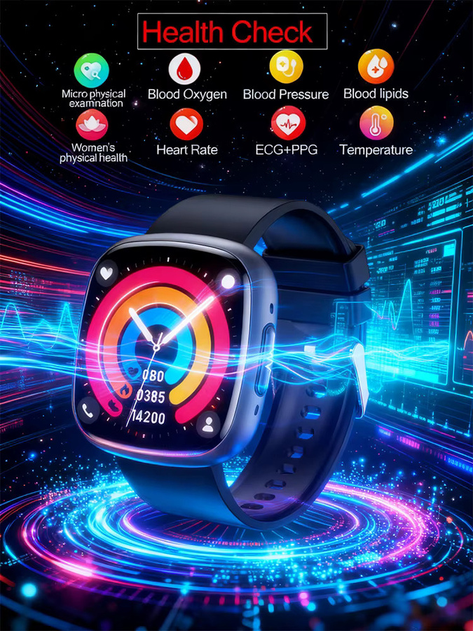 OUIO NFC Gesundheitsmonitor Smartwatch in Schwarz mit EKG, PPG, Blutsauerstoff-, Blutdruck- und Harnsäure-Messung sowie Körperanalyse für Damen und Herren - Bild 7