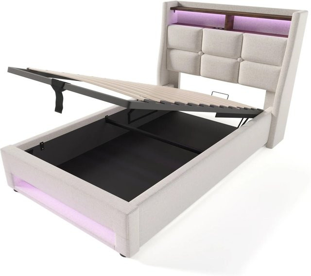okwish Polsterbett in Beige aus Leinenmaterial mit LED-Lichtleiste und USB-Anschluss, Einzelbett B/T/H: 90 x 200 x 117 cm - Bild 1