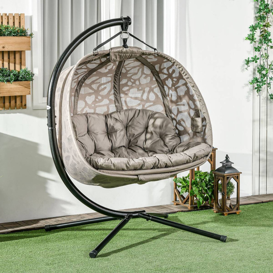 Outsunny Hängesessel 2 Sitzer mit Sitzkissen und Sonnenverdeck in Sand, B/H/L: 103 x 172 x 130 cm - Bild 3