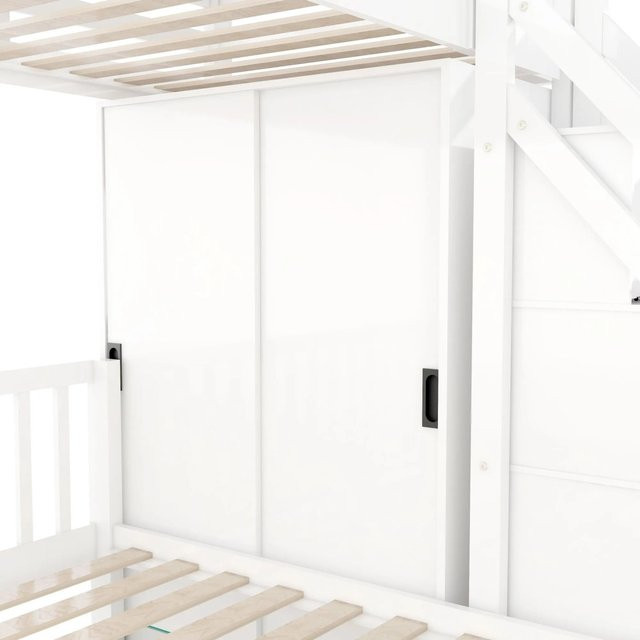KOMHTOM Etagenbett für Kinder aus Massivholz und MDF mit Kleiderschrank, Treppe und Stauraum, Farbe: Weiß, B/T/H: 140 x 200 x 150 cm und 90 x 200 x 155 cm - Bild 1