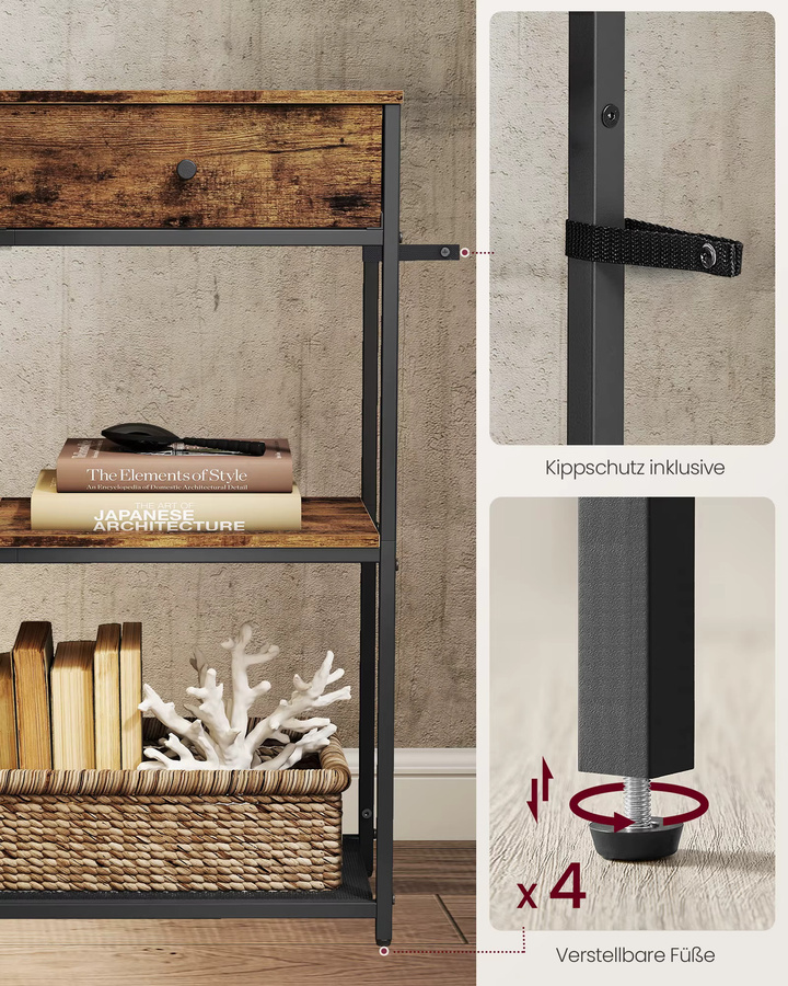 VASAGLE Konsolentisch im Industrial Design mit 2 Stoffschubladen, Beistelltisch für Flur und Wohnzimmer, Schwarz-Braun, B: 76 cm, T: 24 cm, H: 80 cm - Bild 4