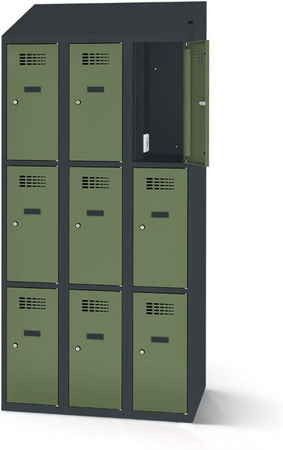 rotstahl Fächerschrank mit Ladefunktion und 9 Fächern in Hellgrün mit anthrazitgrauem Korpus, B: 120 cm, H: 200 cm - Bild 1