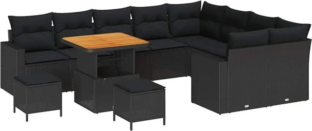 vidaXL Garten-Sofa-Set 12-teilig aus Poly-Rattan und Akazienholz in Schwarz - Bild 1