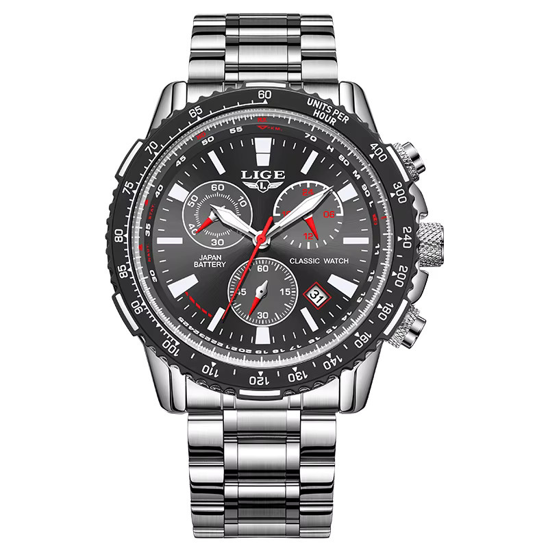 LIGE Chronograph Armbanduhr, Quarz, Edelstahl, Schwarz, Herren - Bild 7