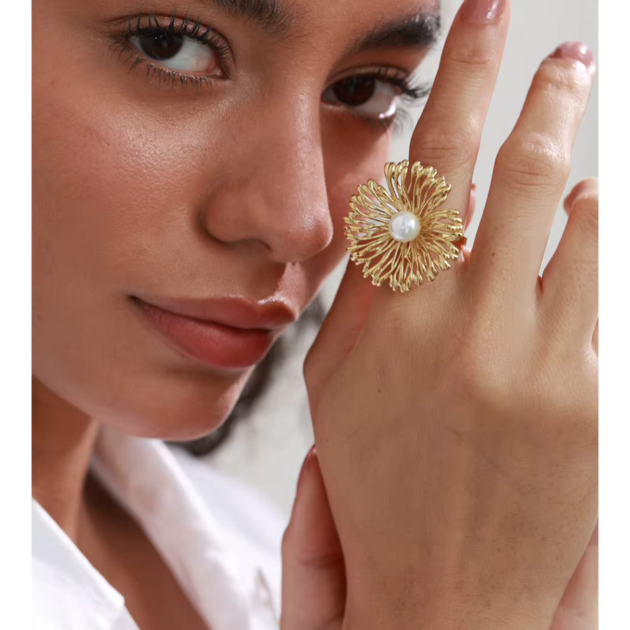 Yhpup Ring Edelstahl, Perle, Blume, verstellbar, Gold, Unisex - Bild 2