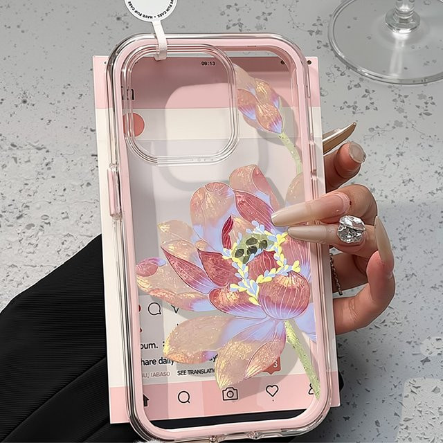 Stoßfeste Silikon-Handyhülle mit Lotusblüten-Design für Apple iPhone 17, 16, 15, 14, 13, 12, 11 Pro Max, transparent-pink - Bild 1