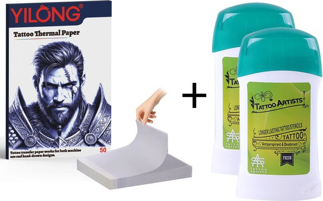 YILONG Tattoo-Transferpapier Set mit 50 Blatt A4 Transferpapier und 2 Flaschen Transfer-Gel für professionelle Tätowierungen - Bild 1