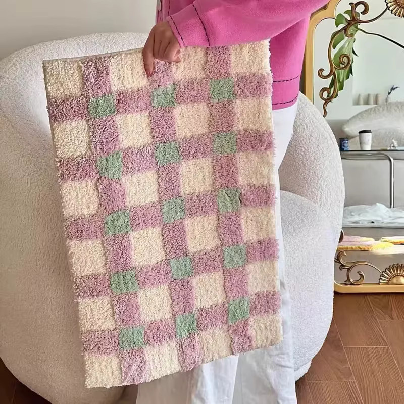 VIKAMA Plüsch-Schachbrett-Teppich im nordischen Design, rutschfester Langflor-Teppich für Wohnzimmer und Schlafzimmer - Bild 1