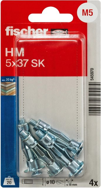 Fischer Hohlraum-Metalldübel HM SK aus Stahl in Silber mit metrischer Schraube, Durchmesser: 5 mm, Länge: 37 mm, 4 Stück - Bild 1