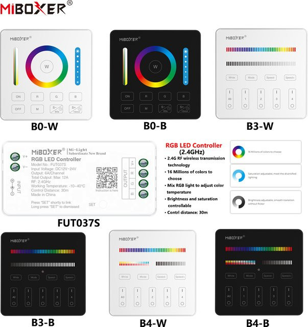 MiBoxer FUT037S+B0/B3/B4 LED-Controller für COB und LED-Streifen, 2,4GHz RF Wireless RGB, 16 Millionen Farben, DC12-24V, 6A/Ch - Bild 1
